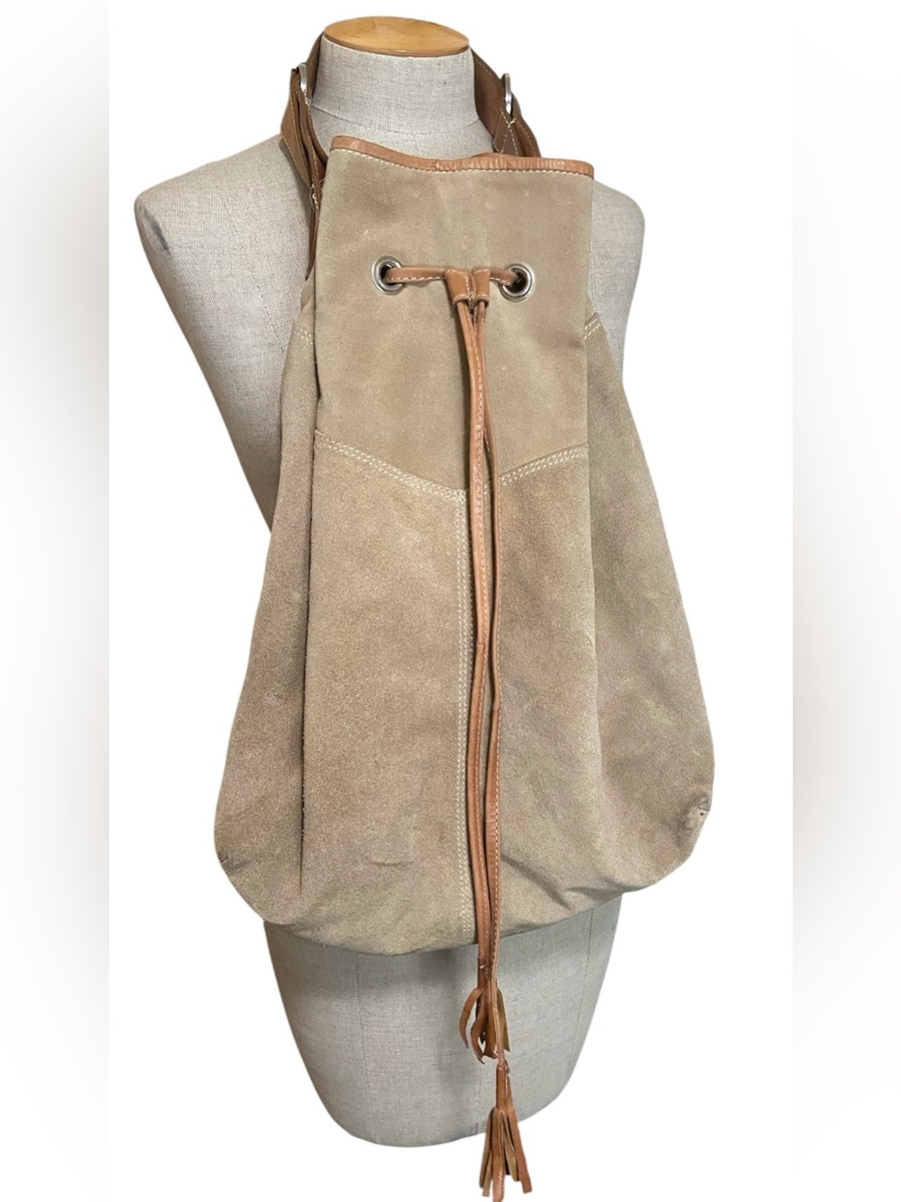 Suede Drawstring Bucket Bag in Taupe with Leather Trim